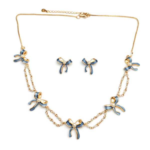 Blue Ribbon Bow Necklace Set